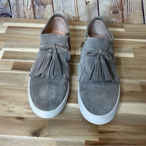Kate Spade Lenna Gray Suede Tassel Slip-On Sneakers Loafers Side Zip Size 8.5